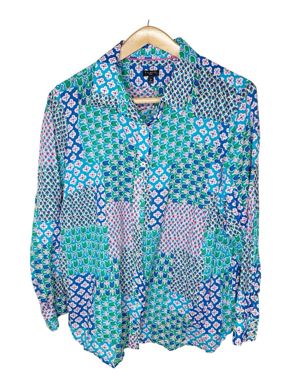 Talbots Patchwork Floral Button Up Top Size 2X 100% Cotton Airy Lightweight